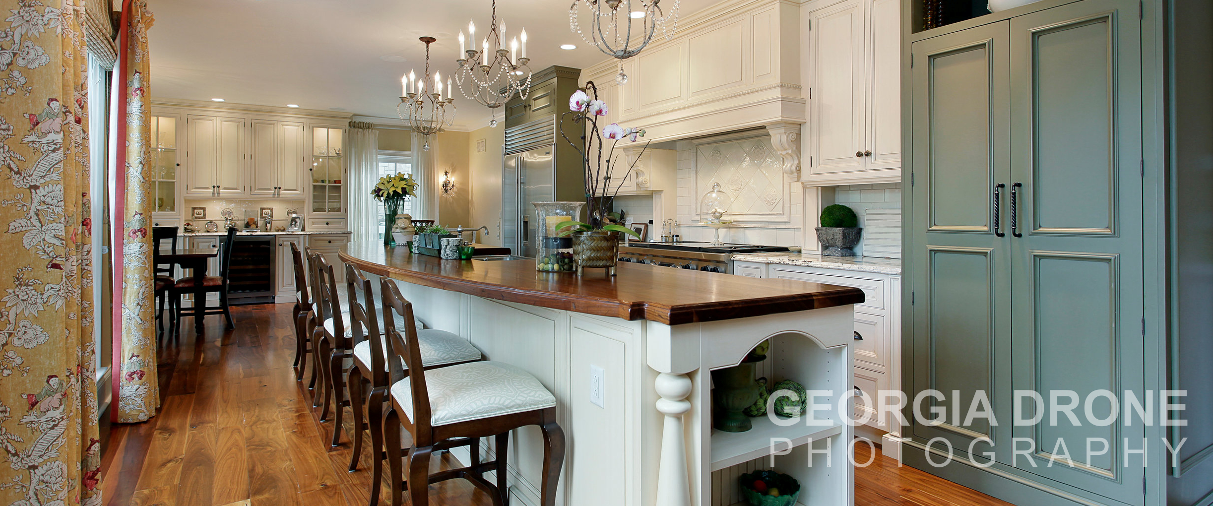 Drone photography residential real estate Cumming Georgia interior kitchen.